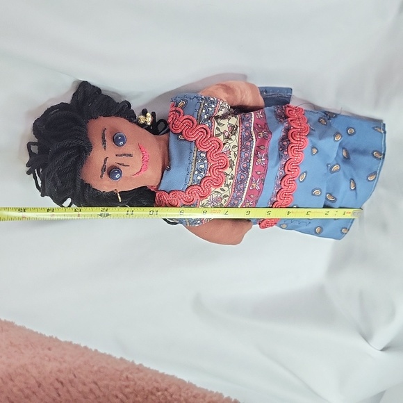 Mexican Rag Doll Dark Skin Hand Made Earrings Button Eyes Yarn Hair 15 inches - Picture 13 of 13